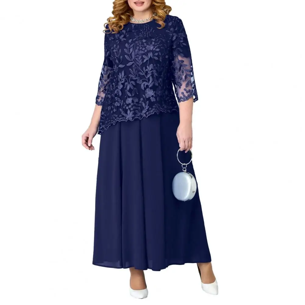 

Plus Size Long Dress Elegant Plus Size Maxi Dress with Flower Embroidery Lace Detailing Three Quarter Sleeve O Neck Fake