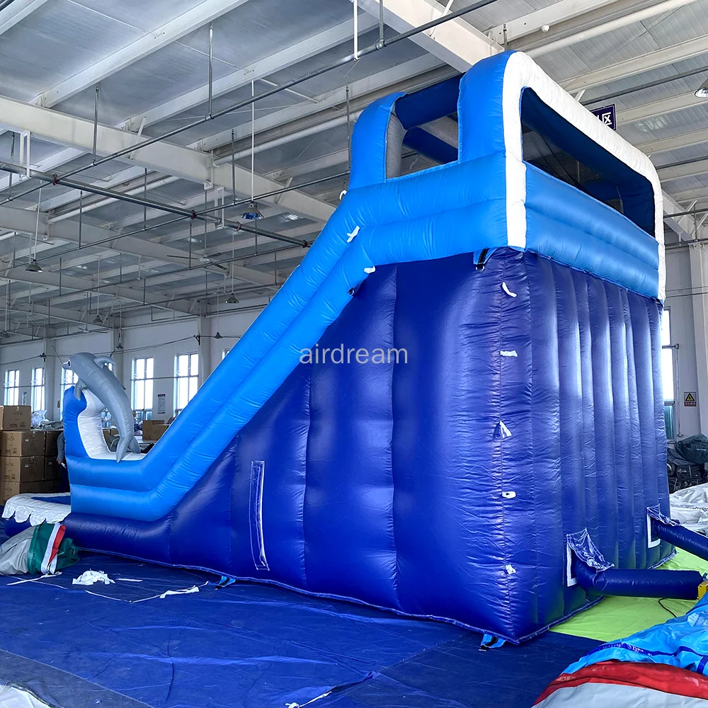 Free air shipping Giant blue Inflatable double Water Slide Dolphin Pool Slide Inflatable bounce house With Pool For Adult kids 3
