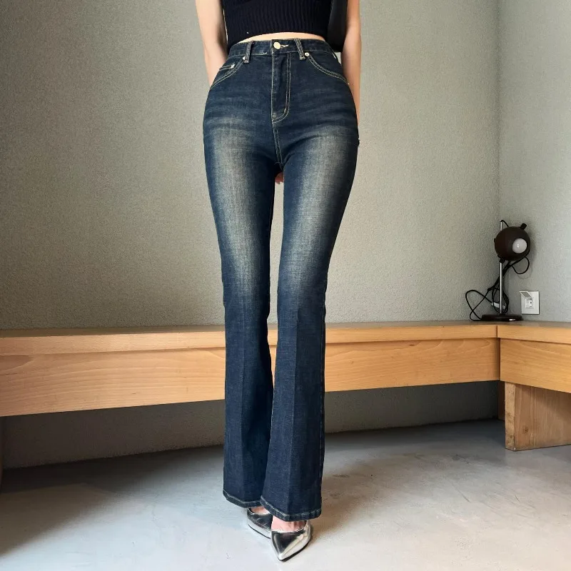 Retro Hong Kong Sle High Waist Slim Fit Bell Bottom Jeans Korean Version New Model Faded Black Cotton Stretch Denim Pants
