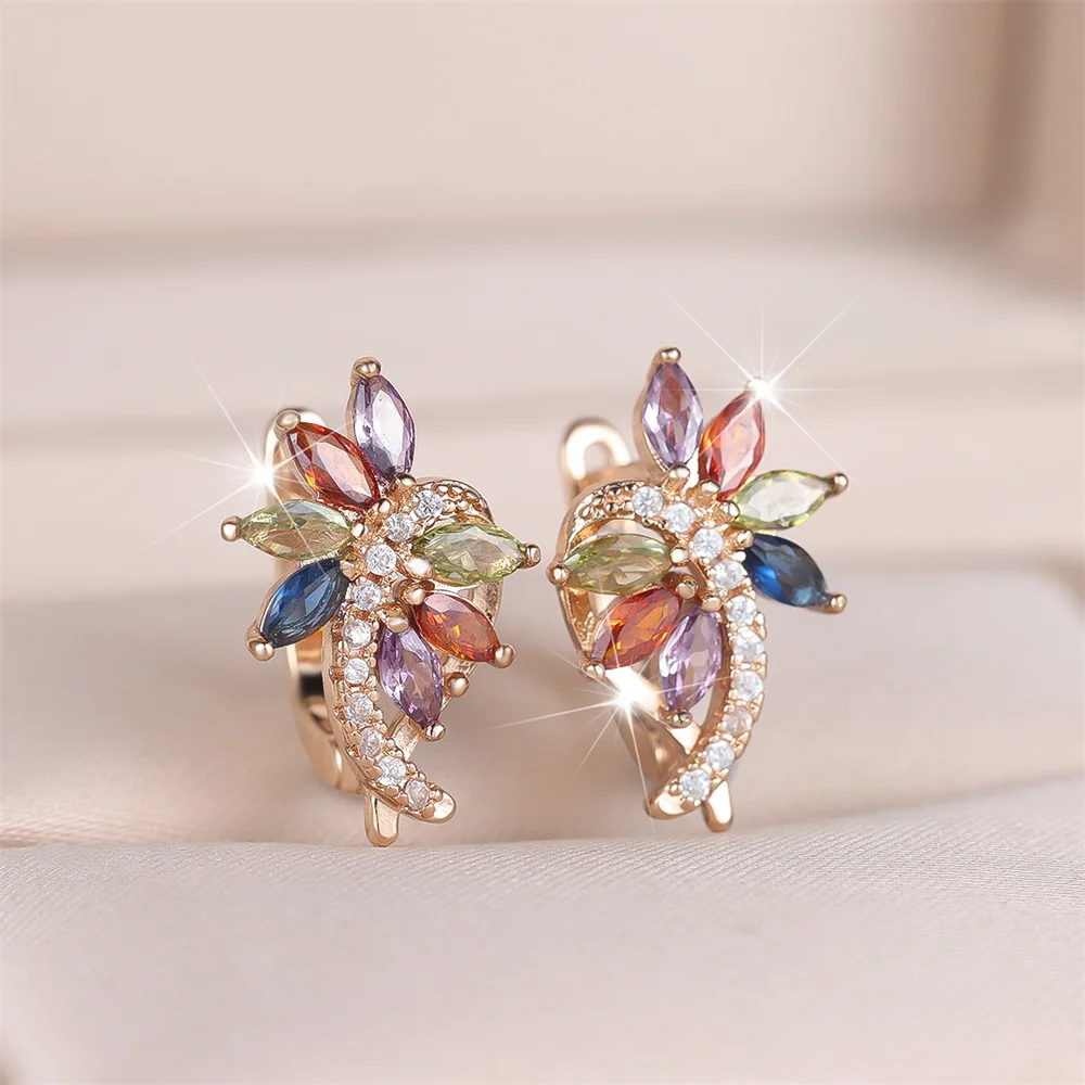 Multicolor Zircon Marquise Stone Flower Hoop Earrings For Women Vintage Gold Color Ear Buckle Wedding Jewelry Engagement Gifts