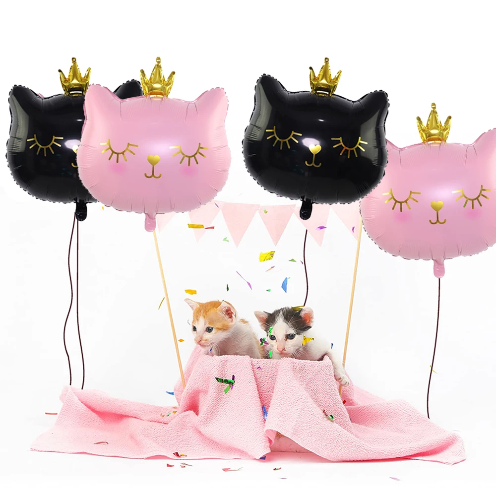2/4 Stück Rosa Kronen-Katzen-Folienballon Niedlicher Cartoon Schwarzer Miau Haustier-Ballon Katzen-Tier-Party Geburtstagsdekoration Baby-Shower-Zubehör
