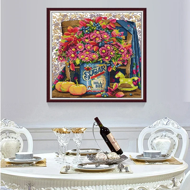 Joy Sunday Gänseblümchen Blumenkorb Kreuzstichset DIY Blumenmuster 11CT 14CT Leinwand Handarbeit Stickerei Set Schlafzimmer Dekoration