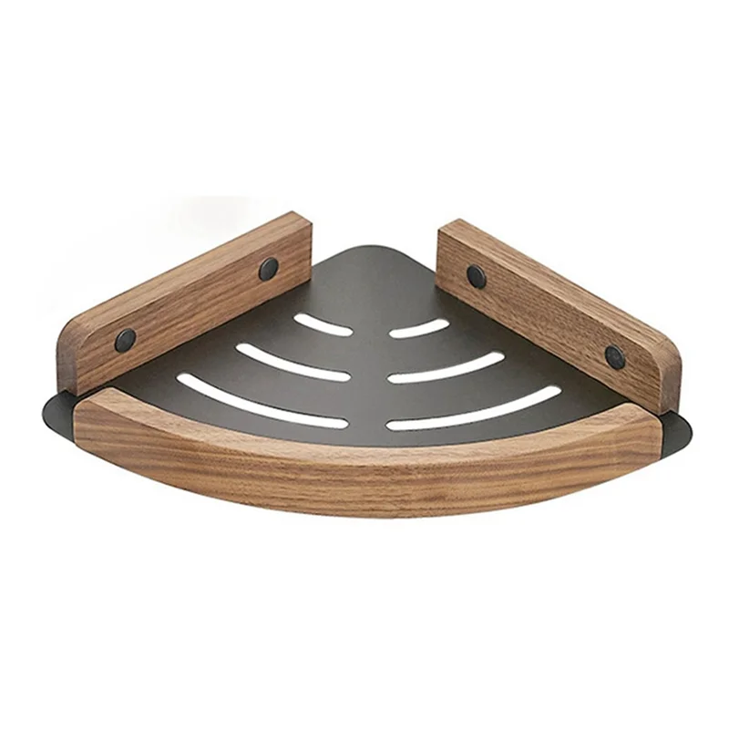 ABKJ-Walnut Wood Bathroom Shelves Wall Mounted Shower Corner Storage Shelf Kitchen Organizer Rack