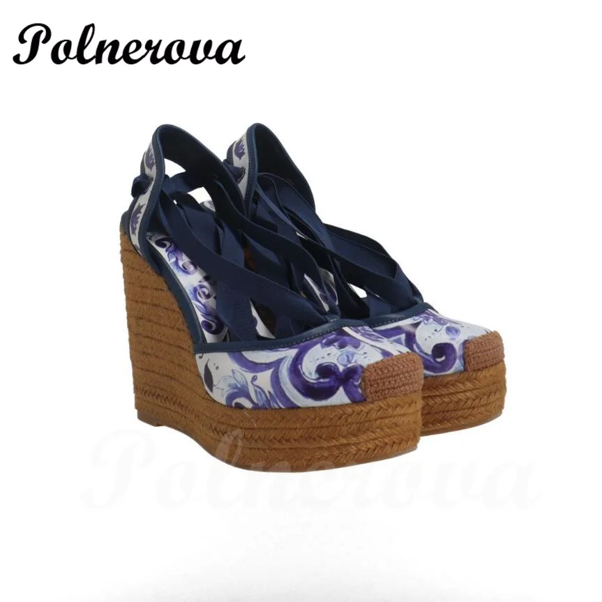 Blue White Flower Print Graffiti Espadrilles Wedge Sandals High Heels Platform Ankle Strap Wedge Sandals Round Toe Summer Shoes