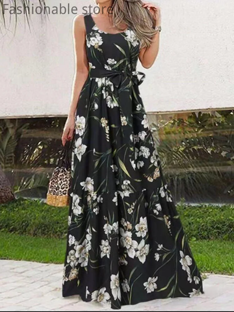 

Women Elegant Floral Print Round Neck Sleeveless Big Swing Maxi Dress with Belt