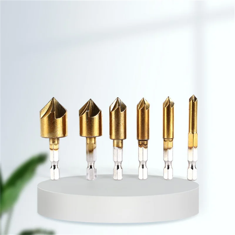 

6Pcs Hexagonal Handle 90 Degree Drill Bit Set Titanium 5 Blade Chamferer With GrooveCountersink Dirll Metal Woodworking