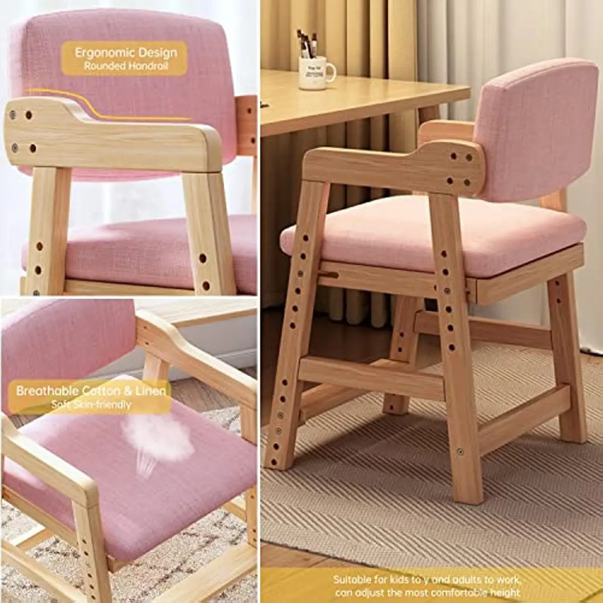Kids Study Chair Wood 2Pcs Set, Dining Chair Adjusted Height Ergonomic Growing Study Office Computer for Children