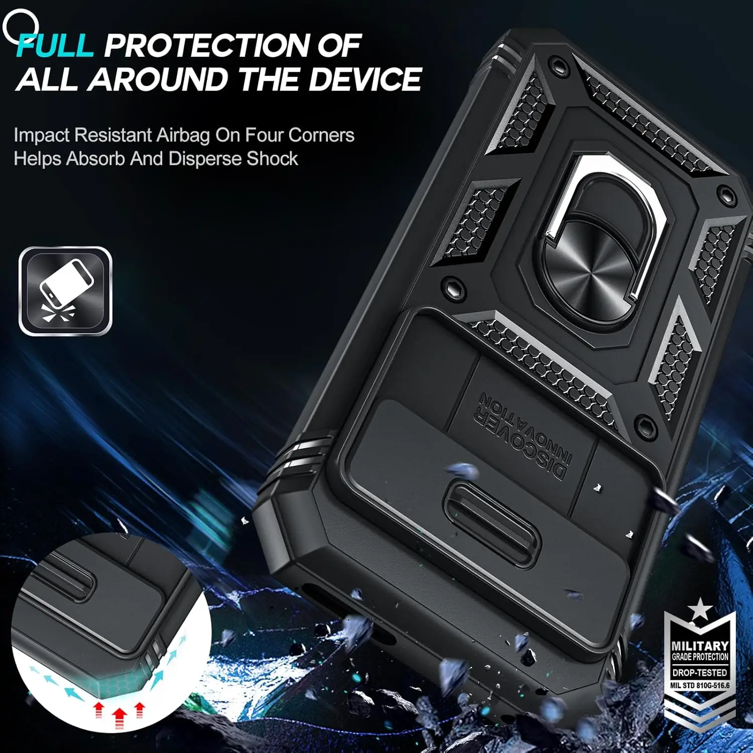 Rugged Military-Grade Shockproof Phone Case with Kickstand and Slide Camera Cover
