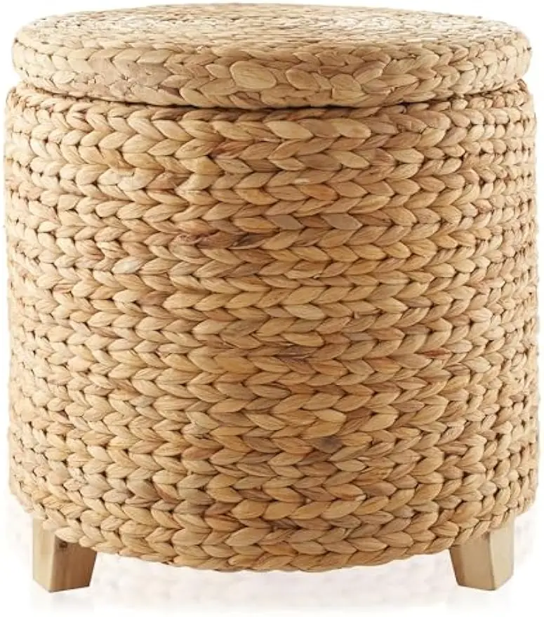 17" Round Storage Ottoman with Lid - Natural, Handwoven Water Hyacinth Footstool for Living Room, Bedroom, Bathroom, Home Office