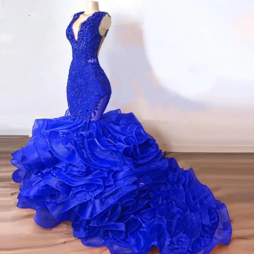 

Women Organza Ruffles Skirt V Neck Royal Blue Mermaid Prom Dresses Appliques Aso Ebi African Evening Gowns Vestido De Festa