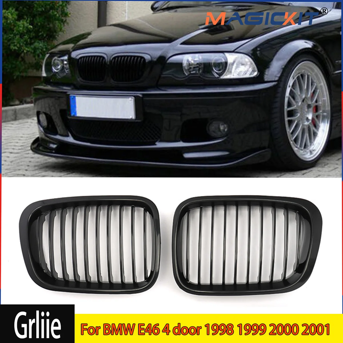 2× Front Kidney Grill Racing Grille Fit for BMW 3 Series E46 4 Door High ABS Plastic Car Accessories