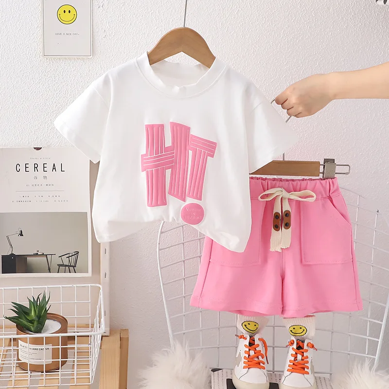 

Kids Summer Sets 2024 Korean Fashion Baby Boys and Girls Leisure O-neck Letter Short Sleeve T-shirts and Shorts 2PCS Outfit Set