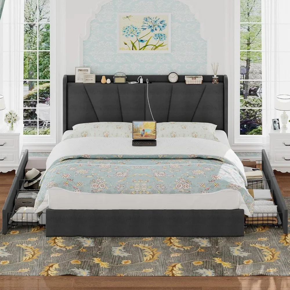 

King Bed Frame and Upholstered Headboard, Platform Bed with Storage Drawers and Outlets, Sturdy
