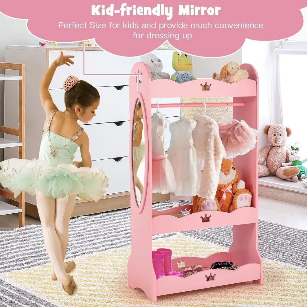 Children's Wardrobes,Kids Dress up Storage Wardrobe,Toddler Armoire Dresser Wardrobe w/Mirror & Cloth Hanger,Cute Crown Patterns 5