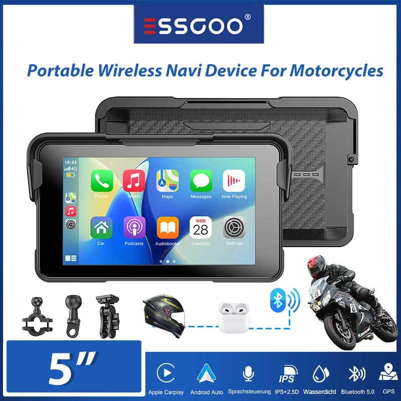 ESSGOO 5"Motorcycle Portable Wireless Carplay Android Auto Outdoor IP67 Waterproof GPS NavI Bluetooth Touch Screen USB TF