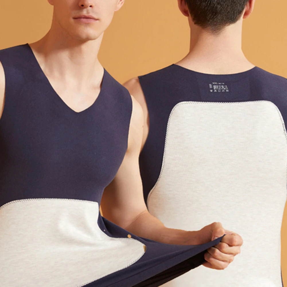 

Autumn Winter Men Slim Fit V-Neck Tank Vest Warm Fleece Thermal Tops Vest Traceless Underwear Solid Color Men Clothing