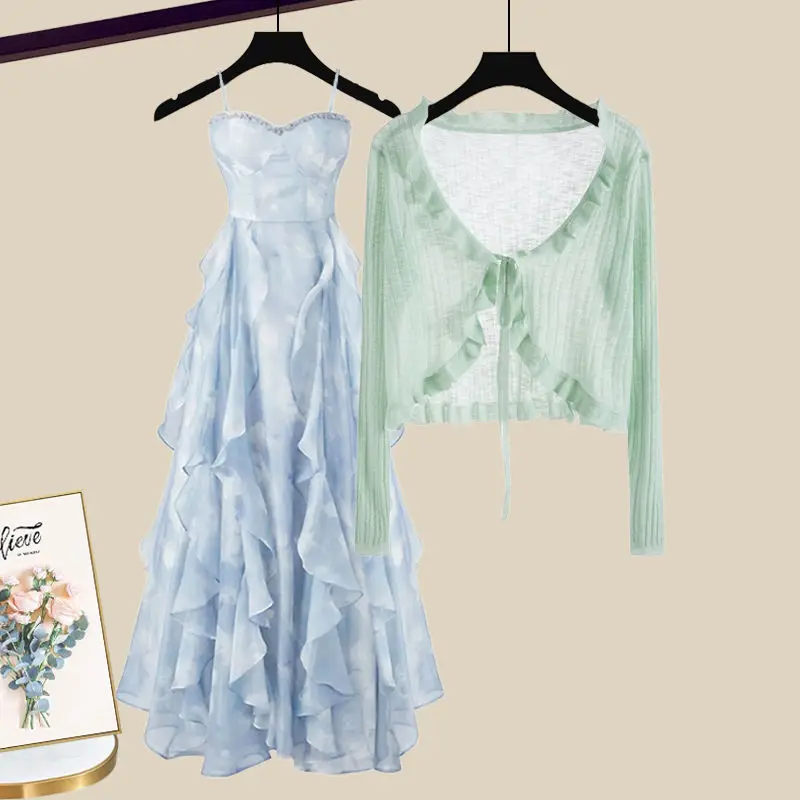 Women's Summer New Dress Matching Set 2024 Korean Elegant Casual Sunscreen Cardigan+Sling Skirt Two Piece Female Clothing Suit