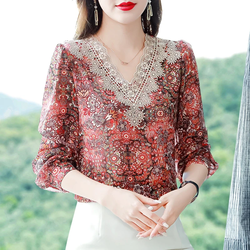 

2022 Autumn New Vintage Chiffon Blouse Long Sleeve Women Printed Shirt V-neck Patchwork embroidery Tops