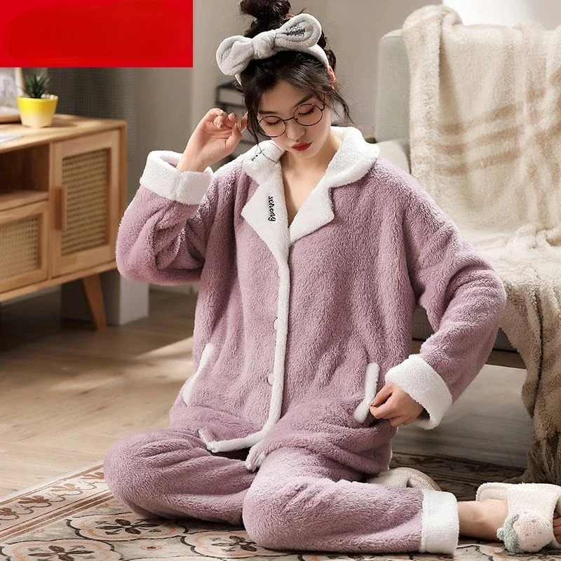 New Sleepwear Women Autumn Winter Sleepwear Warm Thicken Pajamas Set Flannel Long Sleeve Nightwear Trouser Coral Fleece Homewear