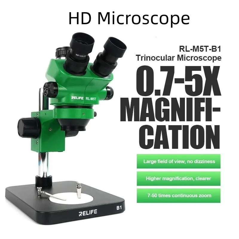 

RL-M5T-B1 0.7-5.0X Trinocular HD Stereo Microscope Continuous Zoom Focus HD Wide Angle For Soldering PCB Repair Microscope