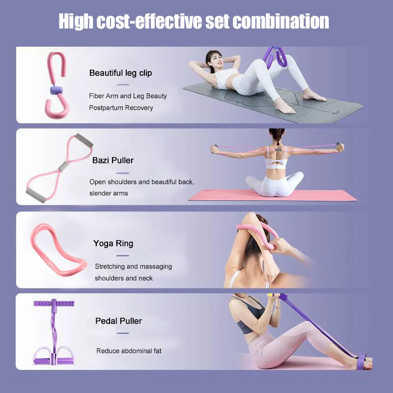 5-Piece Yoga Fitness Set with Foot Stretchers, Leg Clips, Jump Rope, Yoga Rings, and Resistance Bands