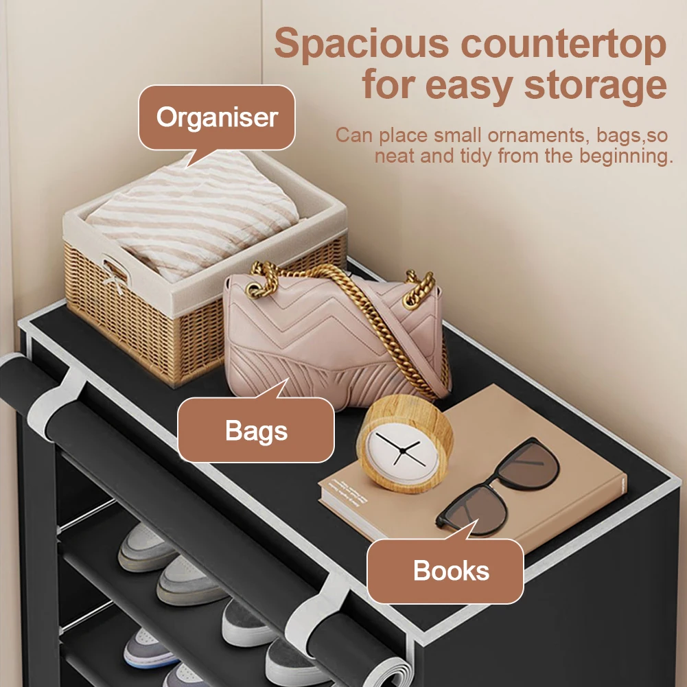 10 Layers Shoes Cabinet with Fabric Cover Dustproof Shoes Storage Rack Metal Shoe Rack for Home Student Dormitory Office Worker