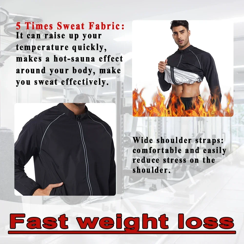 Men's Sauna Jacket Weight Loss Workout Sweat Top for Fats Burner Rapid Sweating Slimming Body Shaper Thin Wind Coat Sportwear