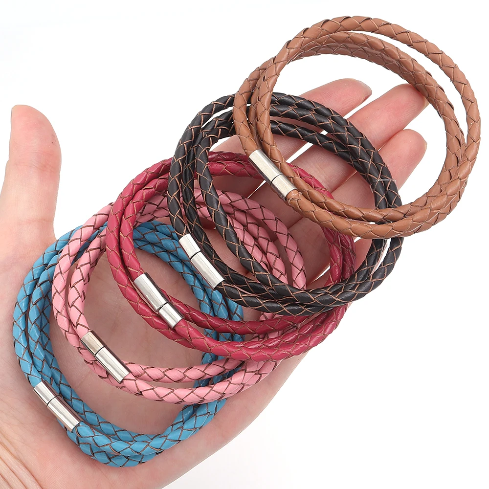 1Strand Wide 4mm Genuine Braided Leather Bracelet bracelet jewelry Three Circles Magnetic Clasps Charm Bangle For Men Women jewelry Gifts