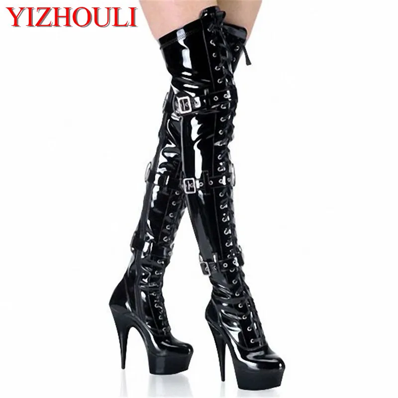 15-23CM High Front Buckle Above the Knee Boots, Round Head Ladies 6-9 Inch Stage Sexy Runway Show Extra Long Shoes