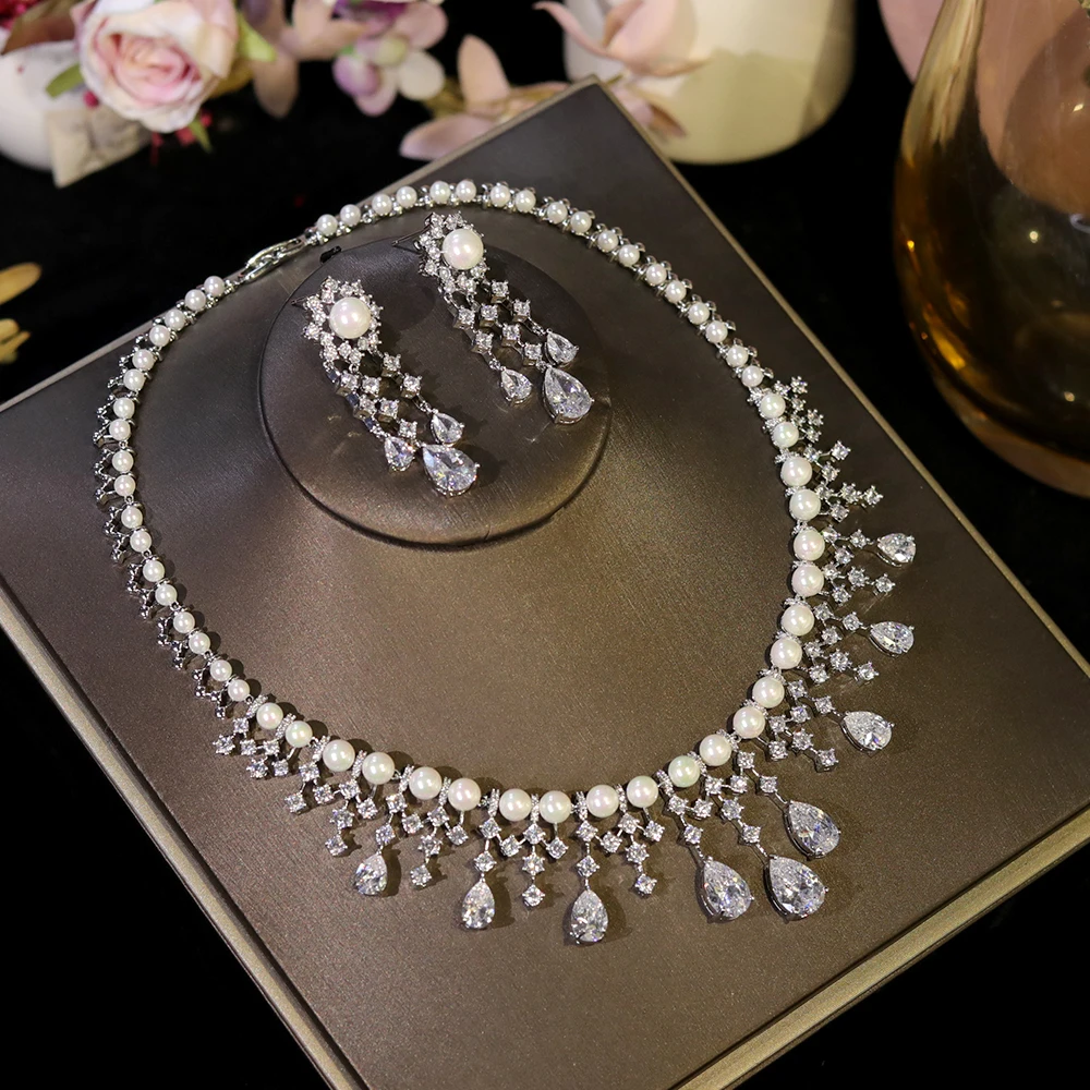 ASNORA Zirkonia Goldene Perlen Schmuck Set Braut Hochzeit CZ Halskette für Bräute conjuntos femininos elegantes_voghion.com
