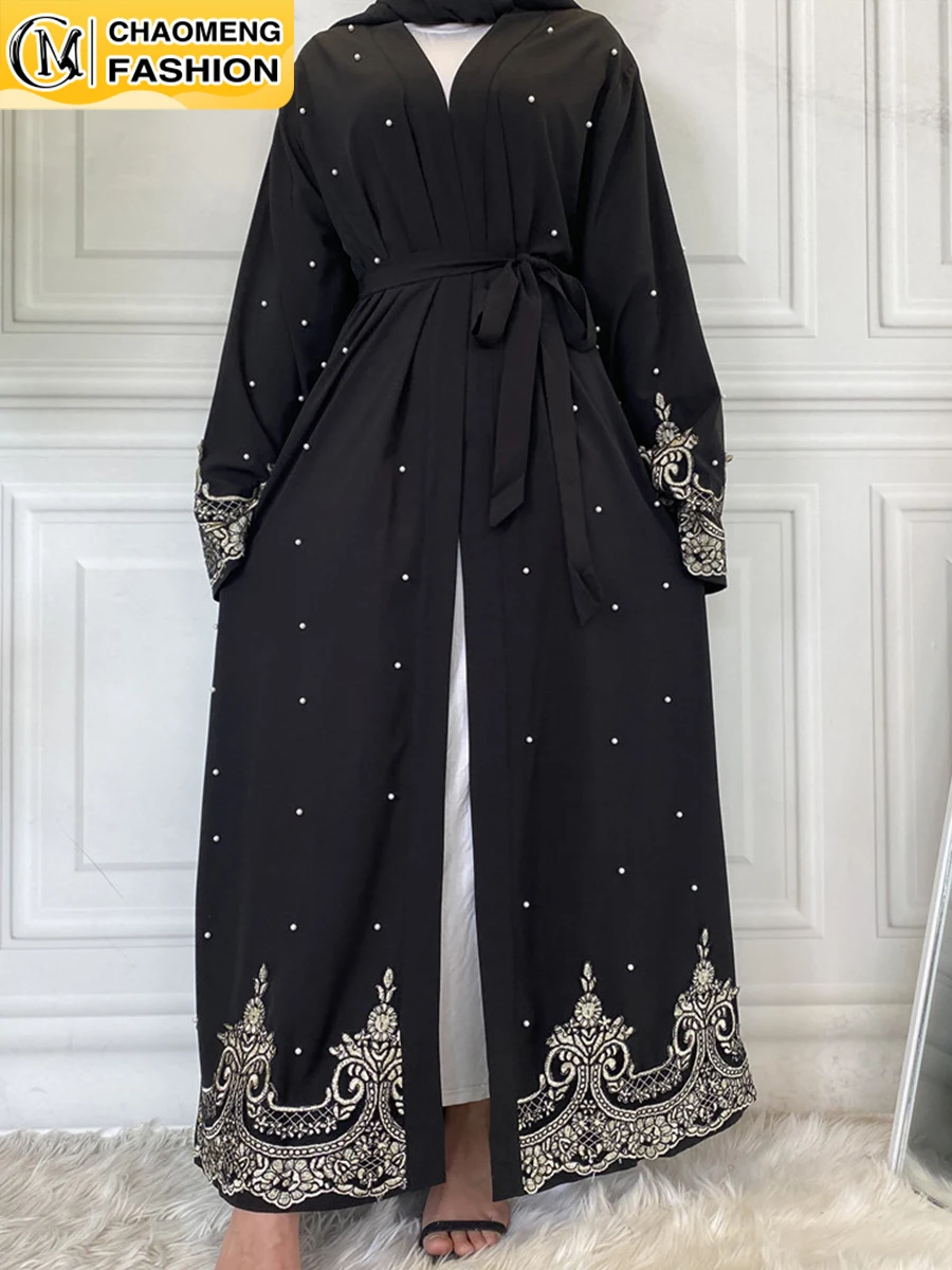 Middle East Ramadan Lace With Pearls Design Abaya Dubai Kimono Kaftan Caftan Turkish Islamic Clothing Muslim For Women Maxi Robe