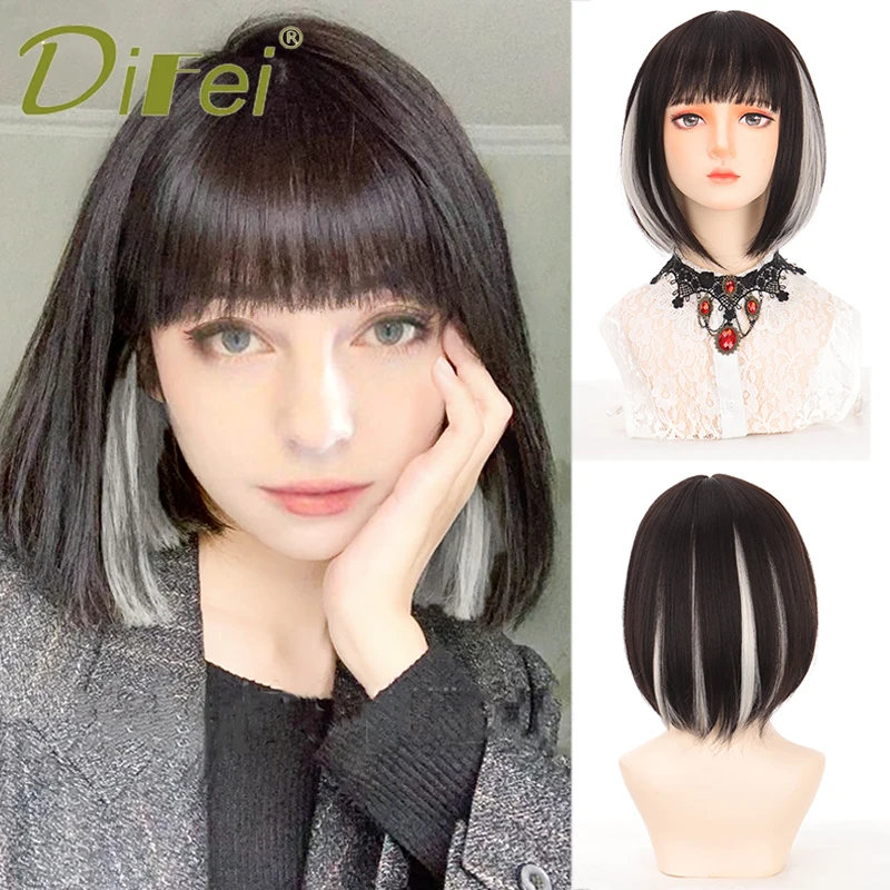 DIFEI 25CM Synthetic Female Medium Short Straight Hair With Bangs Wig Silver White Highlight Collarbone Cosplay Natural Wig 6pcs set white charcoal pencils 4mm lead core soft medium highlight processing rendering for art sketching drawing stationery