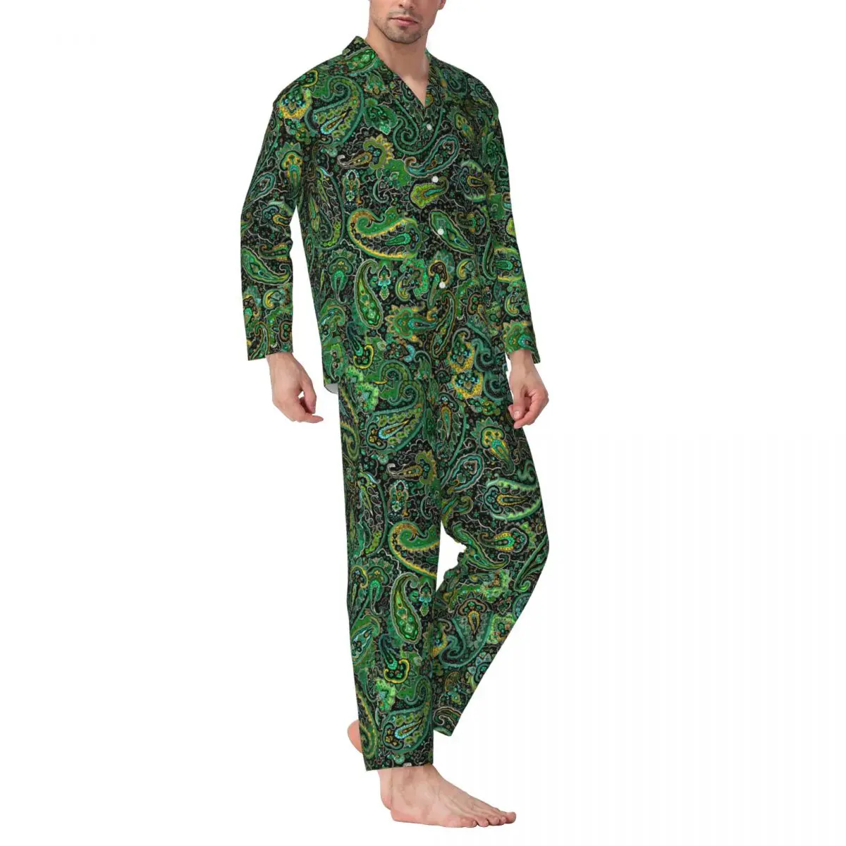 Green Paisley Sleepwear Spring Vintage Floral Print Casual Oversize Pajamas Set Men Long-Sleeve Cute Leisure Design Nightwear