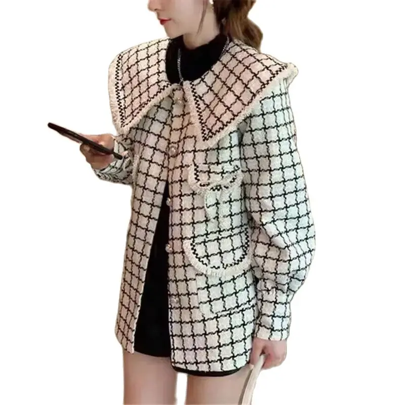 

Woolen Women's Coat Spring And Autumn New Loose Black And White Plaid Cardigan College Fashion Temperament Ladies Jacket