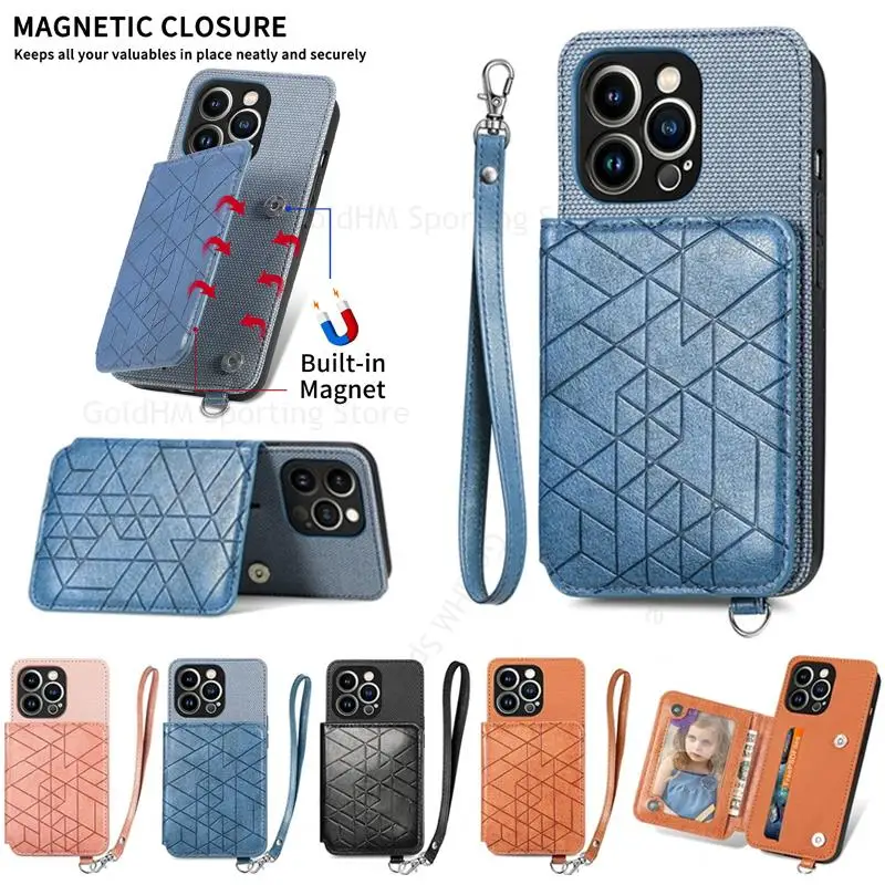 

Magnetic Leather Flip Wallet Case For iPhone 13 Mini 11 12 Pro Max XR X XS Max 6 7 8 Plus Hand Wrist Strap Card Slot Stand Cover
