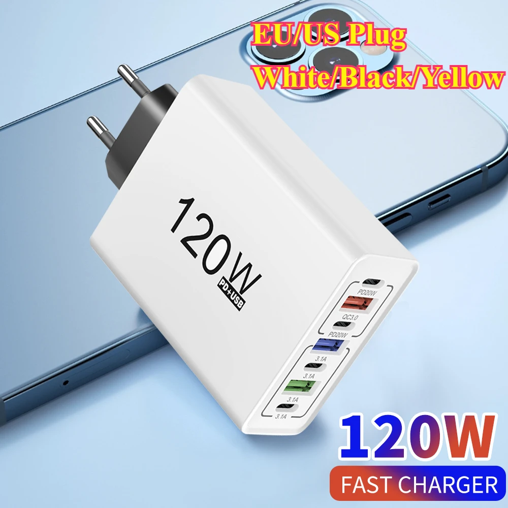 USB C Charger Total 120W Multi Ports Fast Charge Type C Phone Adapter For iPhone Samsung Xiaomi Huawei EU/US Plug Wall Charger