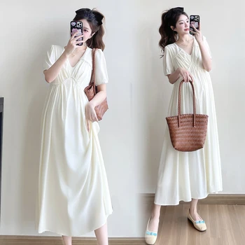 Summer Pregnant Woman Dress Sweet Loose Short Sleeve V-neck Beaded High Waist Maternity Party Dress Pregnancy Evening Clothes