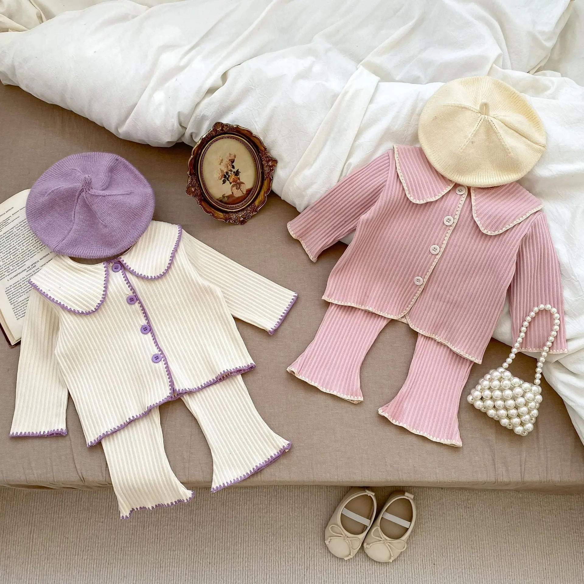 

Baby Clothing Sets 2023 Autumn New Girls' Suit Lapel Long Sleeve Cardigan+Flared Pants 2Pcs Infant Toddler Kids Girls Outfit Set