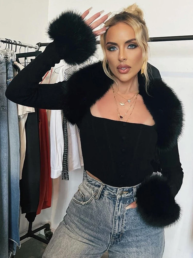 Fashion Long Sleeve Fur Collar Knitted Crop Tops Women Elegant Sexy Black Coat 2022 Autumn Winter Jacket Woman Clothes