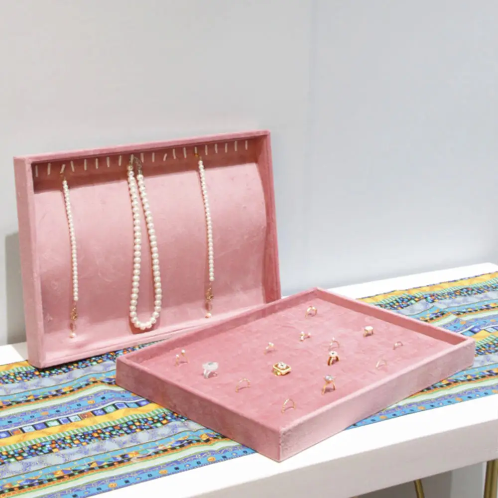 Pink Velvet Jewelry Display Tray Ring Bracelet Necklace Packaging Box Ear Studs Earrings Pendant Storage Organizers Rack Holder 80 grids storage bag double sided jewelry ornaments organizers hanging sorting earrings ring necklace dustproof storage box