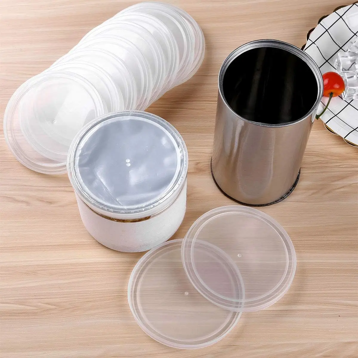 

500Pcs 65mm/75mm/85mm/100mm Plastic Tight Seal Lids For Canned Goods or Pet Dog Cat Food Food Saver Reusable