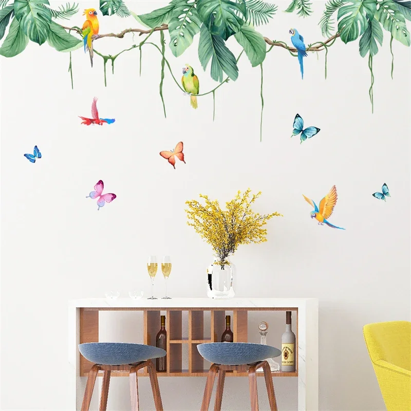 Wall Stickers Large Plants Green Leaves Butterfly Bird Wall Stickers For Living Room Background Decoration
