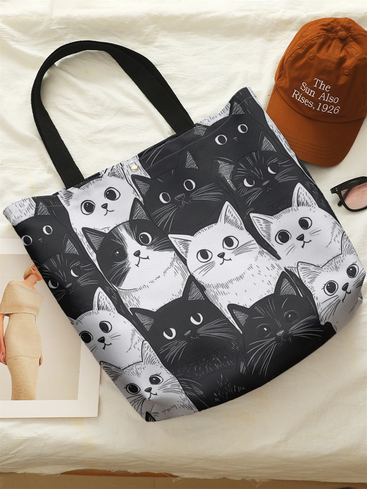 1pc， Cute cat pattern handbag, reusable fashionable handbag, multifunctional handbag, printed canvas shopping bag