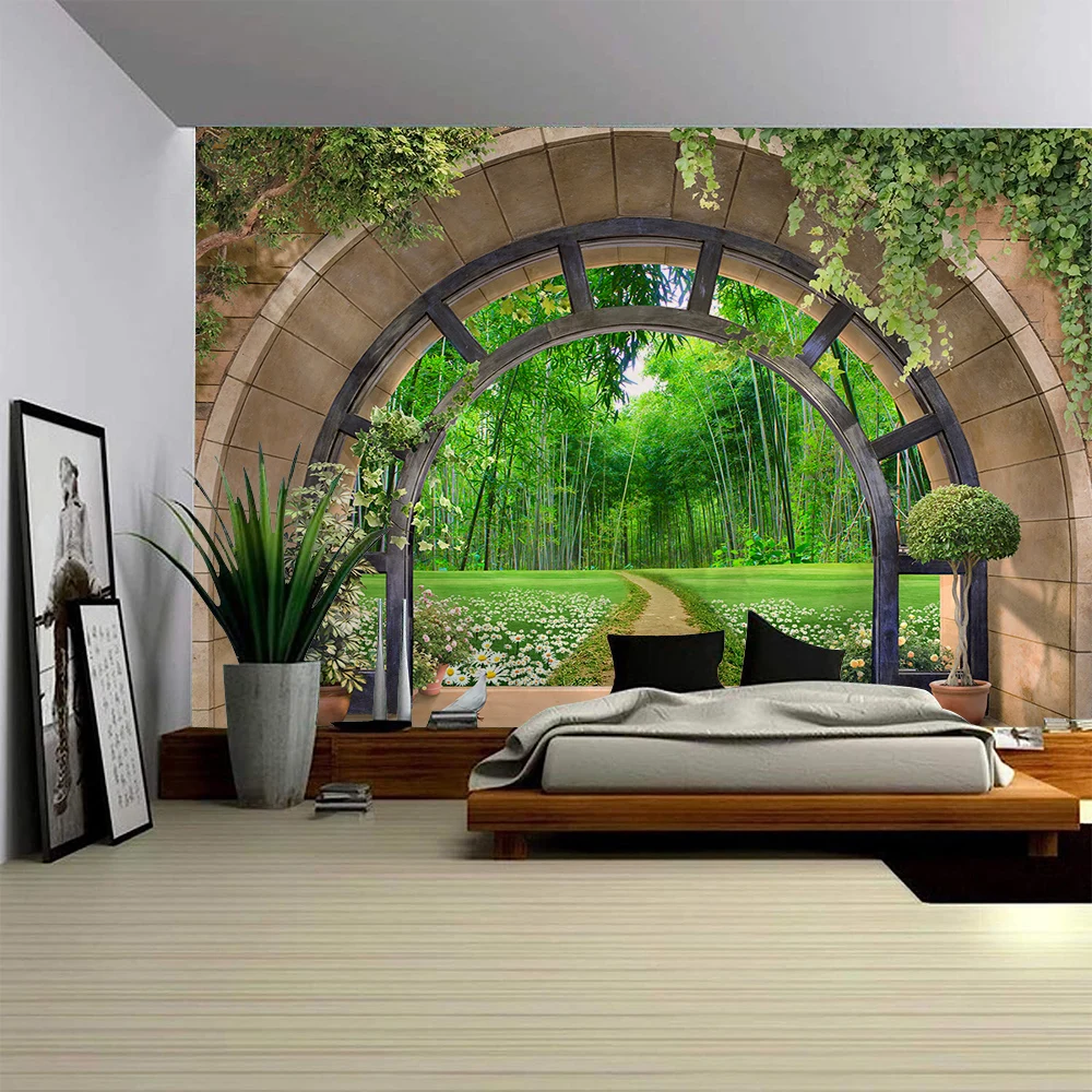 Bow Shaped Door Garden Landscape Tapestry Wall Art Large Mural Decoration Curtains Home Bedroom Living Room Decoration tapestry decor