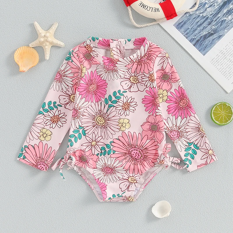 

6M-3T Toddler Girls Rash Guard Swimsuit Rompers Long Sleeve Flower Print Baby Tie-Up Bathing Suit Swimwear