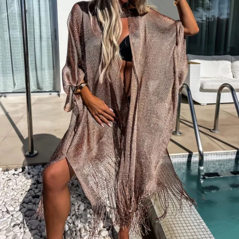 

Модный однотонный Свободный кардиган с кисточками, топы, женские элегантные Прозрачные Пляжные топы, повседневные нестандартные накидки, шаль 2024