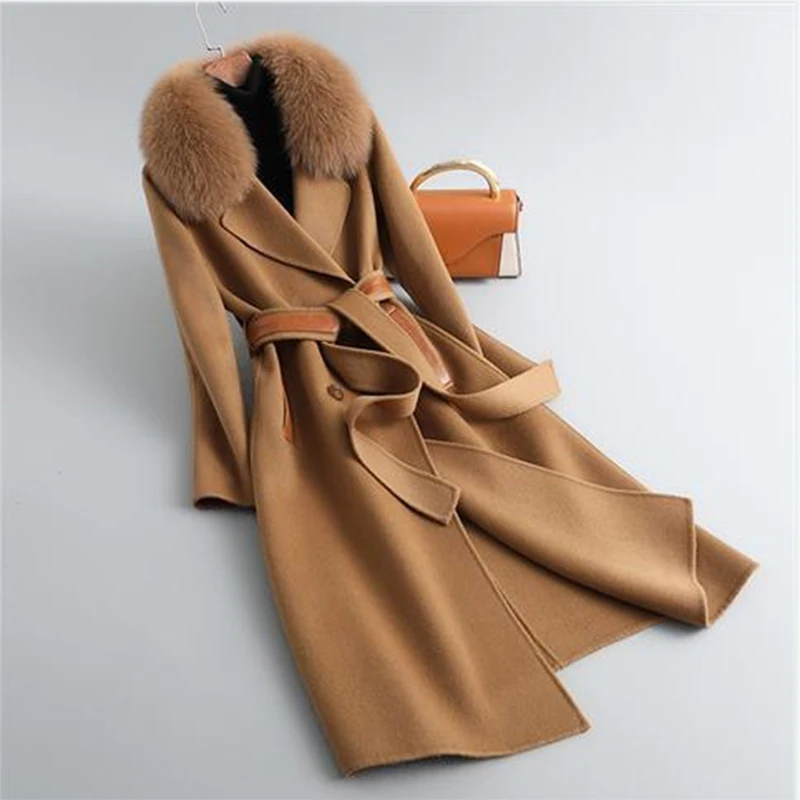 2023 Autumn Winter New Fox Fur Collar Wool Coat Women's Solid Color Double Sided Cashmere Coat Pocket Belt Slim Fashion Coat