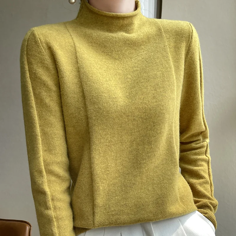

100% Wool Pullovers Knitted Half Height Crimping Sweater Autumn Winter Leisure Clothes Long Sleeve Tops Women's Sweater 2022