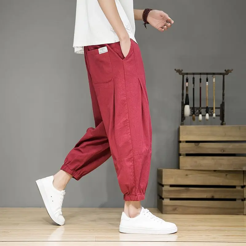 Summer Solid Color Fashion Elastic Waist Haren Pants Man High Street Casual Pockets Patchwork Drawstring Cotton Hemp Trousers