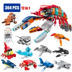 Moc 12in1 Ocean Marine Fish Animals Lobster Killer Whale Seal Ray Hermit Crab Model Set Building Blocks Diy Toys for Kids Gifts